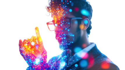 The Digital Architect: A visionary man wearing glasses, his hand reaching out, surrounded by a vibrant, abstract burst of data and light.