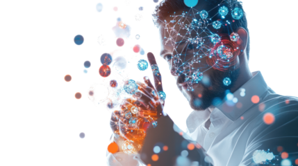 Digital Mind: A man's face is overlaid with a complex network of glowing nodes and connections, symbolizing the intricate world of digital information and the human mind's interaction with it.