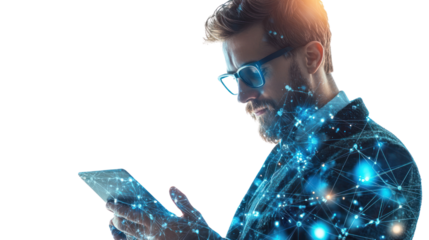 Connected Vision: A modern businessman in a suit and glasses uses a tablet, a digital network overlaying his form, symbolizing the interconnectedness of technology, data.