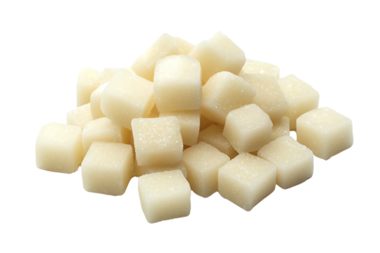 A close-up view of a pile of white sugar cubes, ideal for use in culinary articles, recipes, or presentations about sweeteners and cooking ingredients.