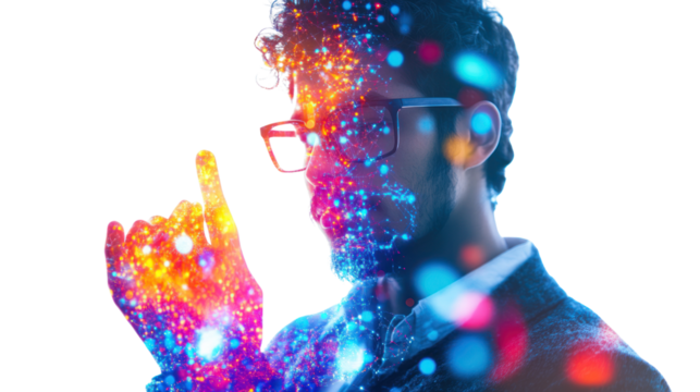 The Digital Architect: A visionary man wearing glasses, his hand reaching out, surrounded by a vibrant, abstract burst of data and light.