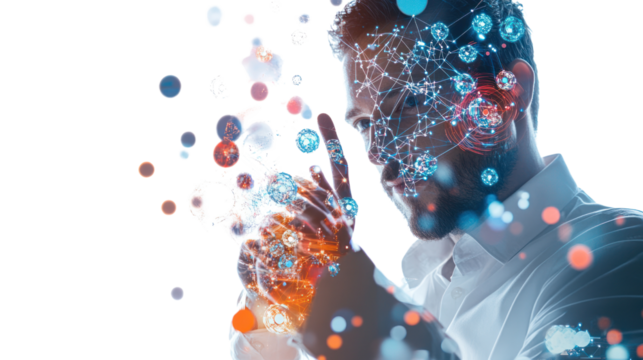 Digital Mind: A man's face is overlaid with a complex network of glowing nodes and connections, symbolizing the intricate world of digital information and the human mind's interaction with it.
