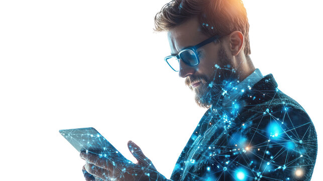 Connected Vision: A modern businessman in a suit and glasses uses a tablet, a digital network overlaying his form, symbolizing the interconnectedness of technology, data.