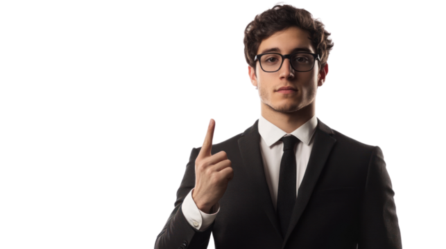 Businessman Presenting Idea: A young professional in a suit and tie, with a serious expression, points his index finger up, capturing a moment of insightful presentation and communication.  