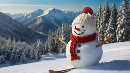 Obraz premium Snowman in red scarf and knitted hat skiing in snowy sunny mountain landscape. Winter scenery banner with free space for text
