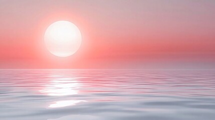 Fototapeta premium Serene sunset over calm ocean; large sun reflecting on water. Generative ai