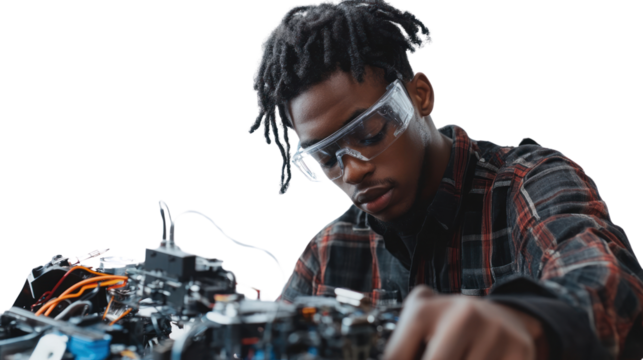 Focused on Innovation: A young engineer meticulously works on a complex mechanism, his concentration and dedication evident in his every move. The image captures the essence of innovation.