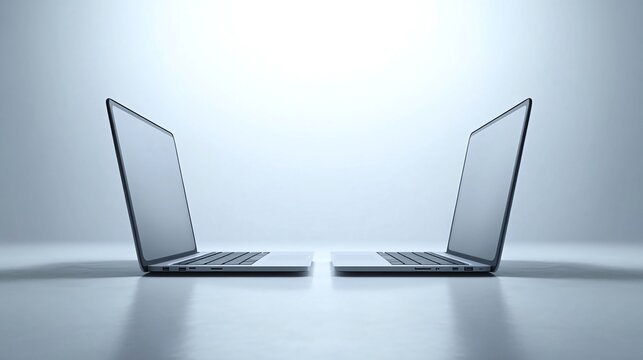 Two laptops facing each other on a light grey surface. Generative ai