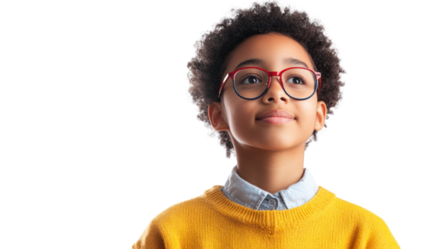 Dreamer Child: A pensive young girl with glasses gazes upward, lost in thought. Her hopeful expression and bright attire create a sense of wonder and potential.