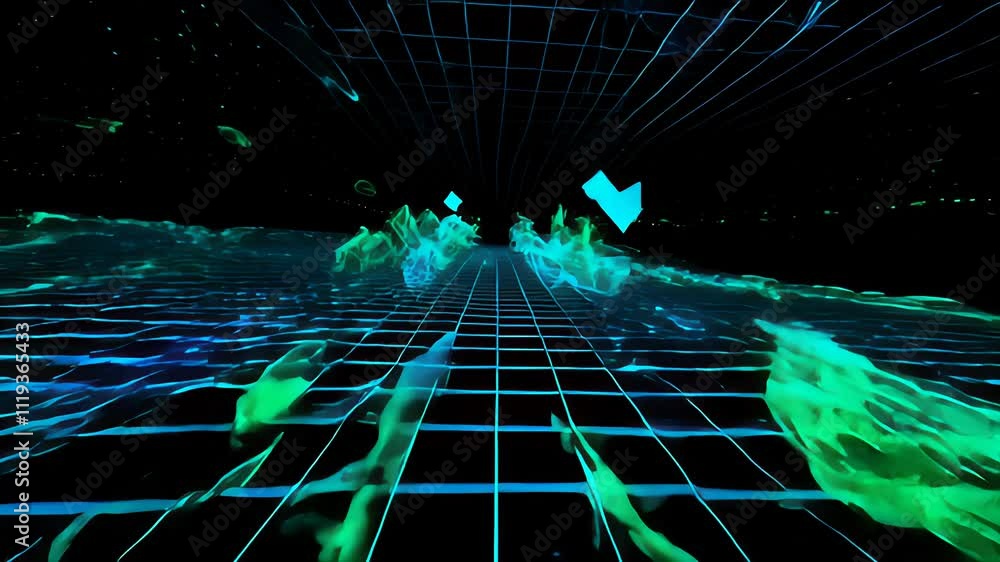 Poster immersive abstract digital landscape with neon colors and 3d grids in a virtual space