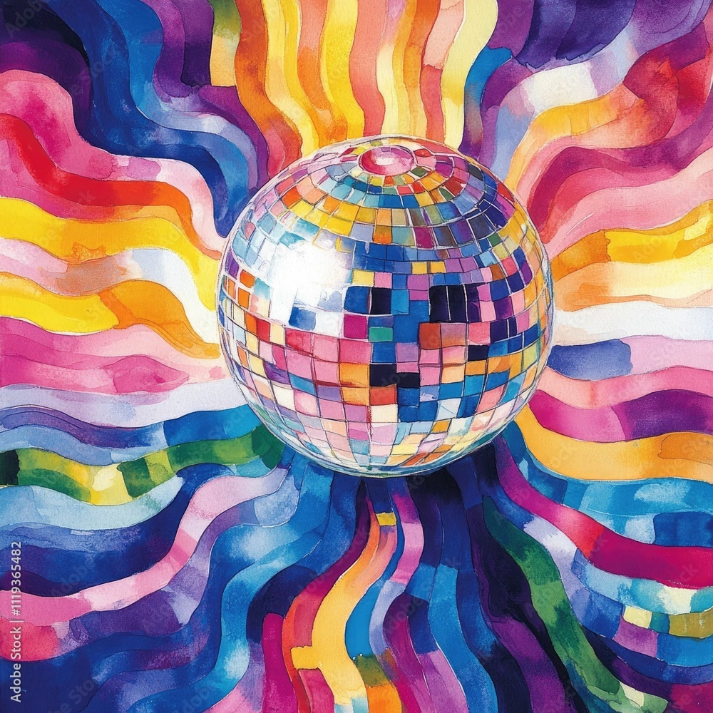 Aufkleber nostalgic watercolor disco ball surrounded by bold funky waves and colorful retro patterns creating 