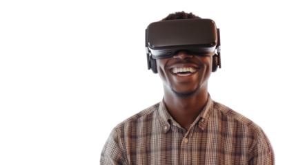 Virtual Reality Joy: A man wearing a VR headset smiles broadly, his eyes gleaming with delight as he explores the immersive world of virtual reality.  
