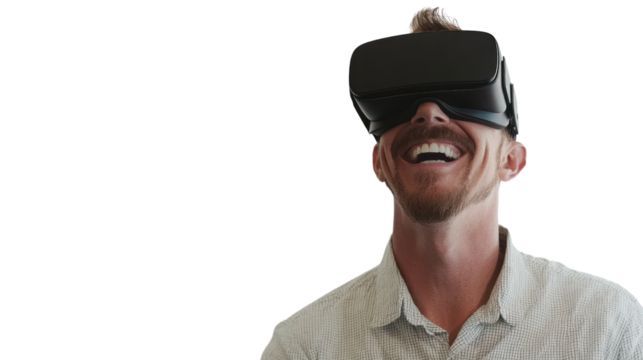 Joyful VR Experience: Man smiles broadly while immersed in a virtual reality headset, experiencing the thrill of innovative technology.