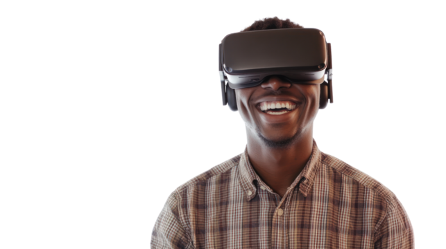 Virtual Reality Joy: A man wearing a VR headset smiles broadly, his eyes gleaming with delight as he explores the immersive world of virtual reality.  
