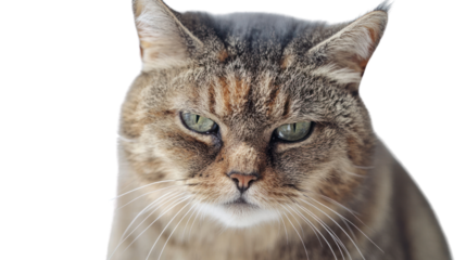 Grumpy Cat Close-Up: A tabby cat with piercing green eyes stares intensely at the camera, its furrowed brow and narrowed gaze conveying a sense of displeasure or mischief. 