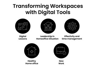 Transforming Workspaces with Digital Tools. Icons included: Digital Lessons, Leadership in Homeoffice Situation, Healthy Home office, New Work, Effectivity and time management.