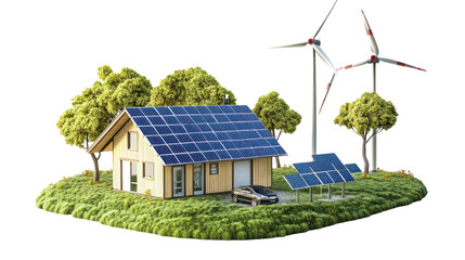 Obraz premium Sustainable Living: A charming illustration of a house powered by solar panels and wind turbines, symbolizing a future of clean and renewable energy. 