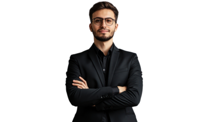 Confident Professional: A portrait of a young man in a black suit and glasses, arms crossed, radiating confidence and professionalism.