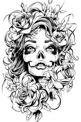 A woman's face is drawn with a skull and roses. The skull is positioned above the woman's face, and the roses are surrounding her head. The image has a dark and eerie mood, with the skull