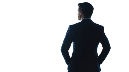 The Visionary Leader: A confident businessman in a sharp suit, standing with his back to the camera, gazing towards a bright future. This powerful image evokes a sense of ambition, determination.