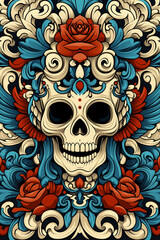 A skull with a rose and a flower on it is smiling. The skull is surrounded by a colorful design that includes blue, red, and white elements. Scene is cheerful and lighthearted