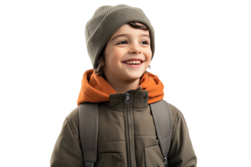 A joyful young boy smiles brightly, wearing a cozy hat and jacket, embodying happiness and warmth during a playful moment outdoors.