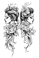 Two women with flowers on their heads. The flowers are roses. The women are identical. The image is black and white