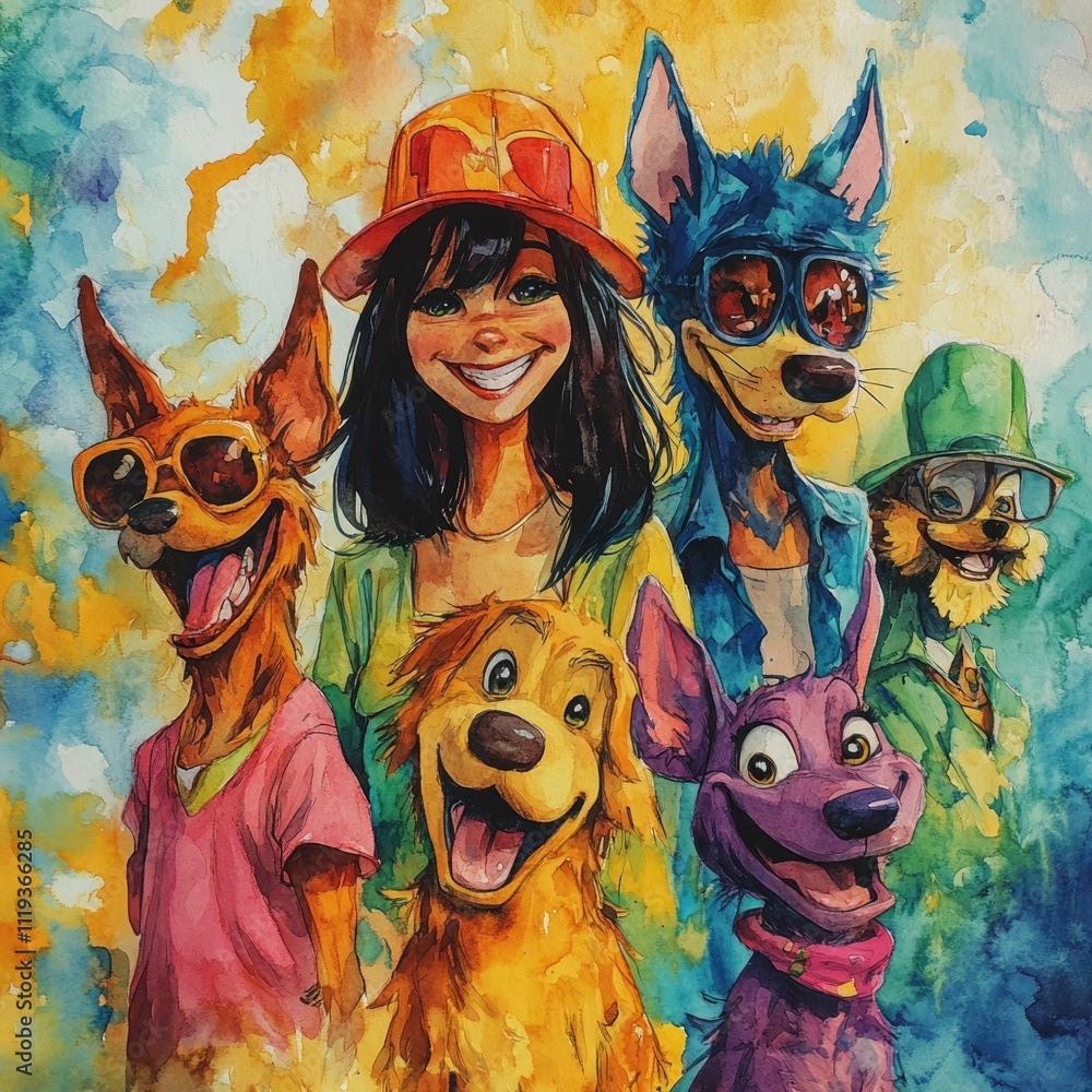 Aufkleber nostalgic and whimsical watercolor featuring a group of lively 70s cartoon characters in a colorful 