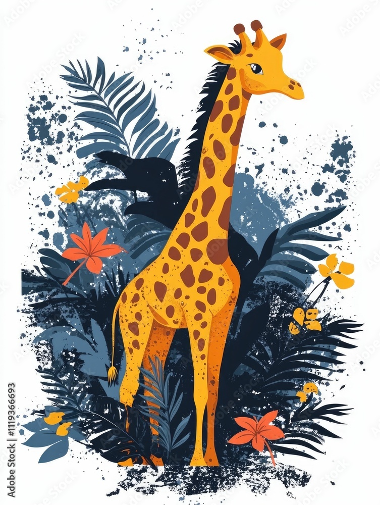 Poster Vibrant and colorful of a giraffe set against a backdrop of lush tropical jungle leaves  creating an adventurous and exploratory vibe  The bold and graphic design is perfect for a variety of uses