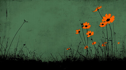 vibrant orange flowers on a textured green background a silhouette art masterpiece