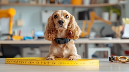 Cute dog with curly fur sitting on a workbench beside a yellow measuring tape in a bright and organized workspace background filled with tools and equipment.