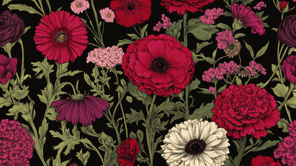 floral patterns on dark backgrounds a collection of red and pink designs for vintage aesthetics