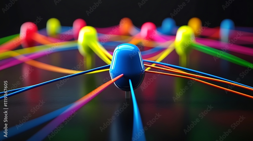 Poster colorful network nodes interconnected by vibrant strings, illustrating connection and communication.