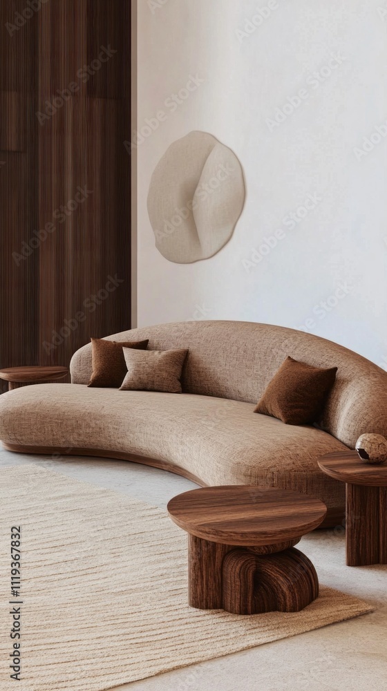 Poster a beautifully designed living area showcases a curved sofa with textured fabric and warm cushions. w