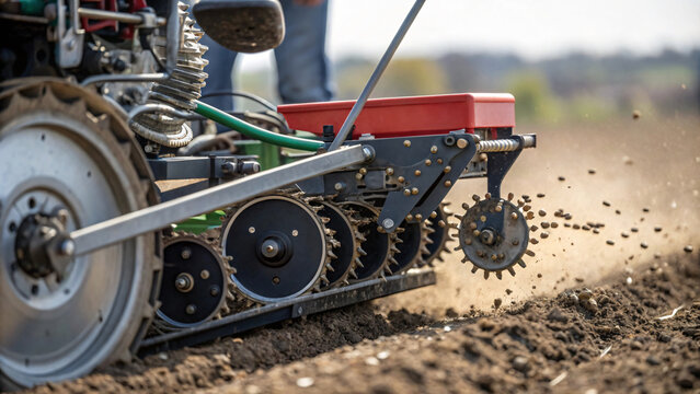 Planting seeds with precision seeder in field, showcasing agricultural technology and soil preparation
