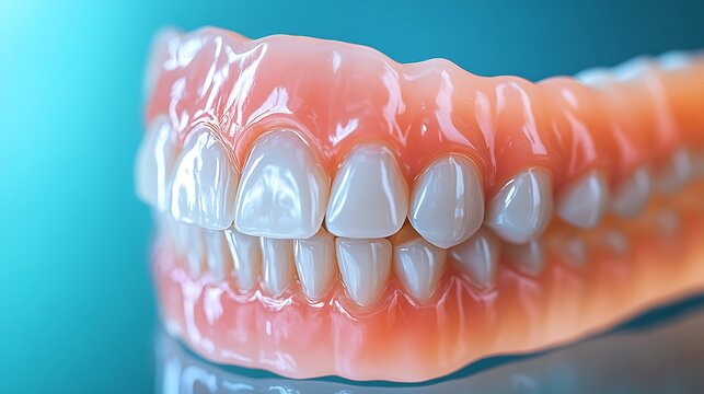 Close-up of a full denture, showcasing realistic teeth and gum detail against a blurred teal background.