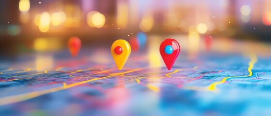 Colorful map pins on a digital map background.