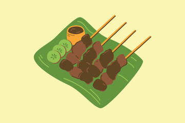 Indonesian Grilled Meat Satay (Sate). A classic Indonesian dish made with grilled skewers of marinated meat, often served with peanut sauce and rice cakes.