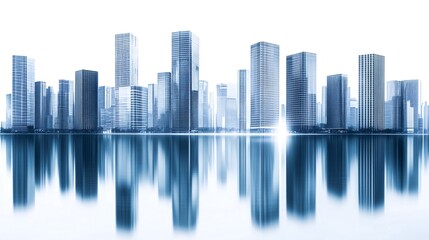 Obraz premium Modern city skyline reflected in calm water, showcasing skyscrapers and urban development.