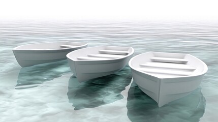 Three white rowboats float serenely on calm, light blue water, reflecting the sky's soft glow. Generative ai