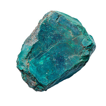 Top view of a hyperrealistic single chrysocolla rock in an irregular shape isolated on a white transparent background