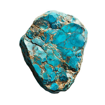 Top view of a hyperrealistic single chrysocolla rock in an irregular shape isolated on a white transparent background