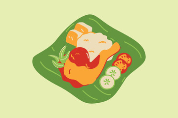 Indonesian Crushed Chicken (Ayam Penyet). A popular Indonesian dish made with fried chicken that is crushed with a mortar and pestle, often served with sambal and vegetables.