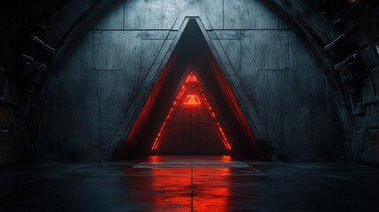 Glowing red triangle doorway in futuristic tunnel.