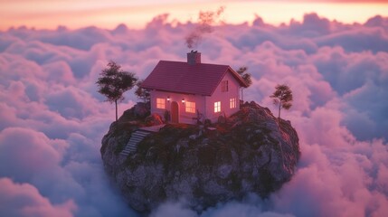  whimsical house on a floating rock amidst colorful clouds at sunset 
