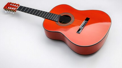 Fototapeta premium Vibrant orange classical guitar on white background. Generative ai
