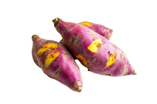 Fresh sweet potatoes, vibrant purple with specks of yellow, ready for cooking or baking. A nutritious addition to any meal, rich in flavor and color.