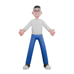 Cartoon Character 3D Model Video Editor Design. A male video editor stands with both hands clenched in front, excited expression. Professional Illustration