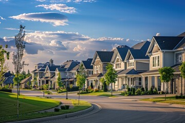 A perfect neighbourhood, houses in suburb at summer, luxury houses with nice landscape.