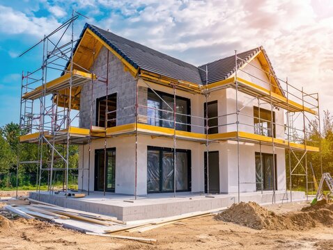 Exterior view of a new house in scaffolding under construction and painting.